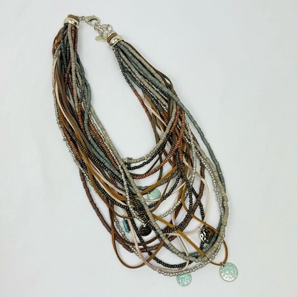 Chico's SERENA Brown Green Wood Bead Leather Multi Strand Boho Charm Necklace - Picture 5 of 16